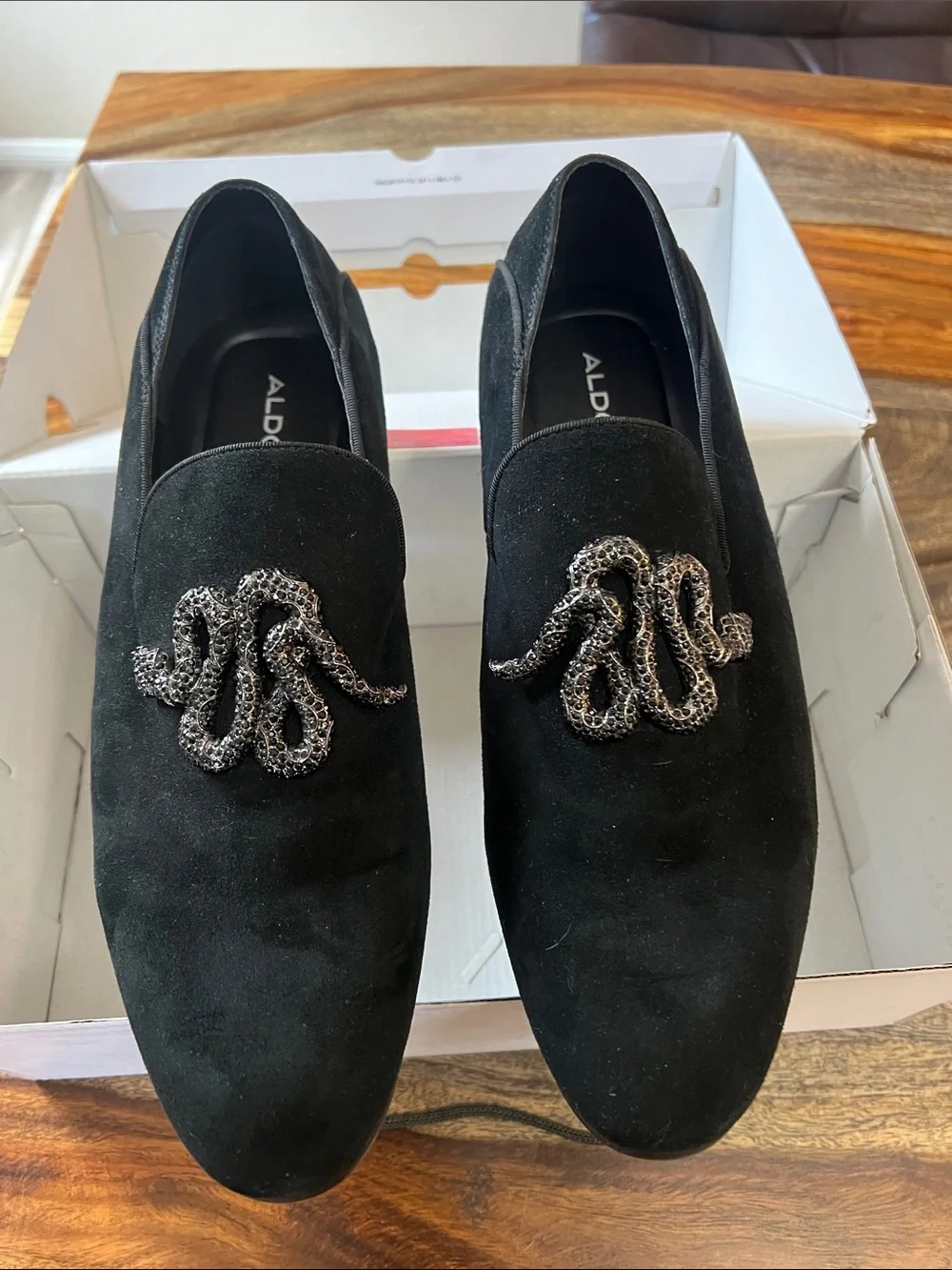 Aldo Black Suede Slip-On Loafers with Beaded Octopus Detail